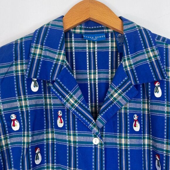 Karen Scott Sport Blue Plaid Snowman Motif Cotton Button Front Shirt Size Large - Picture 3 of 8